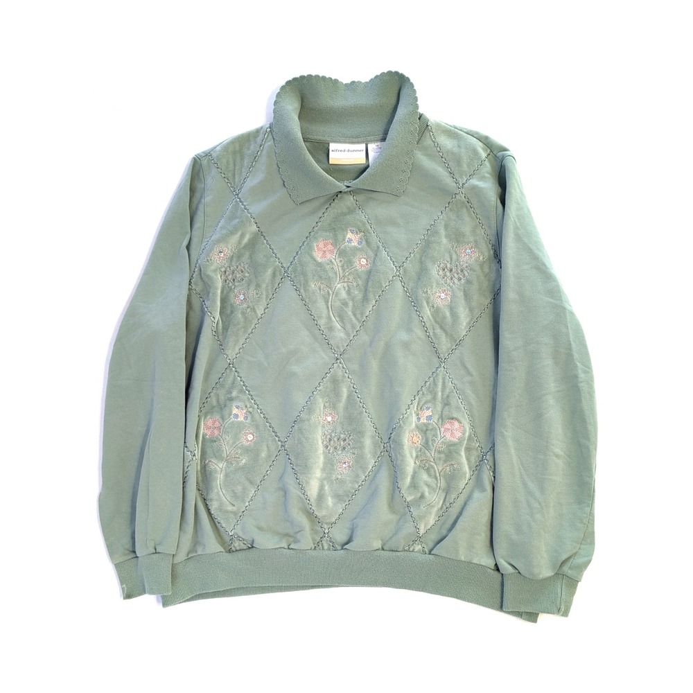 Alfred Dunner Sage Green Floral Embroidered Velour Sweatshirt Plus Size 1X
